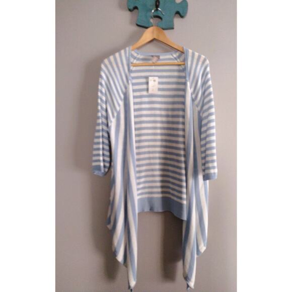 Chicos Striped long duster cardigan sweater top sz 2 NWT lightweight blue white - Picture 2 of 7